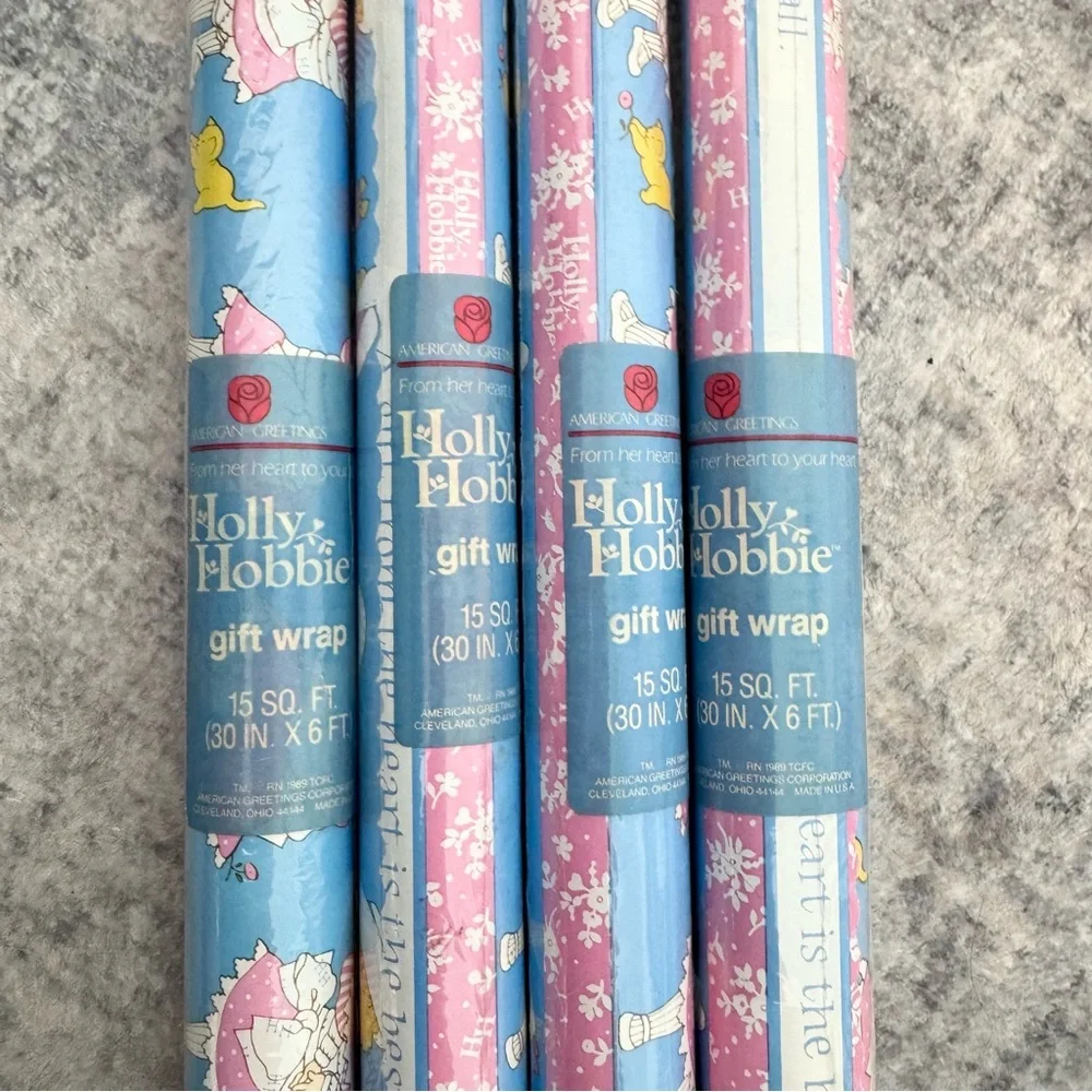 NIP Vintage HOLLY HOBBIE 4 rolls of Gift Wrap - Blue and Pink